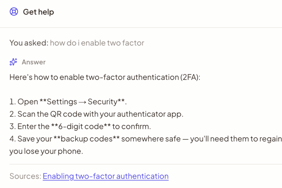 Artica Get Help: a direct AI answer to how do I enable two factor, with numbered steps and a linked source article.