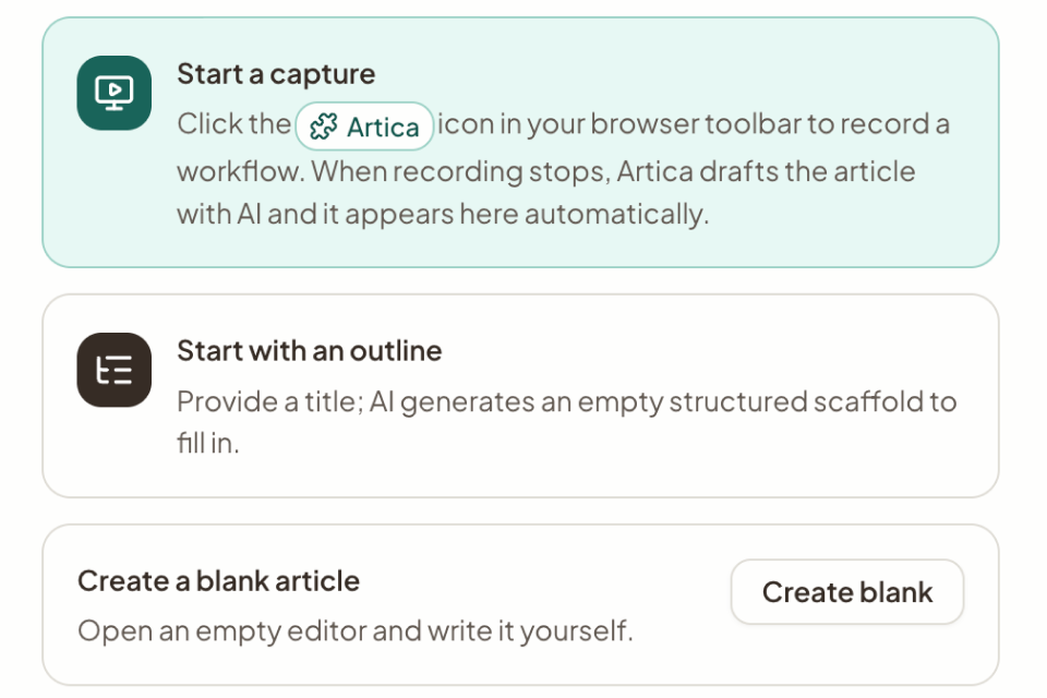 Artica capture options: start a capture from the browser extension, start with an AI outline, or create a blank article.