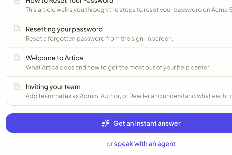 Artica Get Help results with matching articles, a Get an instant answer button, and an or speak with an agent option.