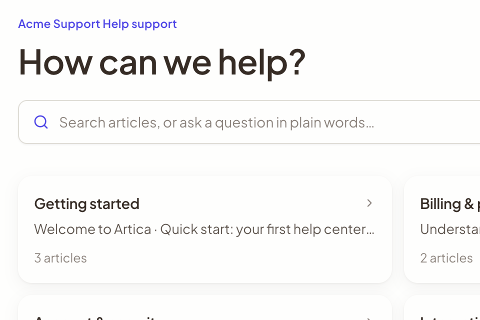 Acme Support public help center: a How can we help search bar with browse categories like Getting started and Billing.