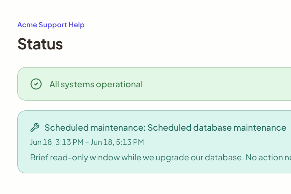 Acme Support status page: all systems operational, with a scheduled database maintenance window listed.